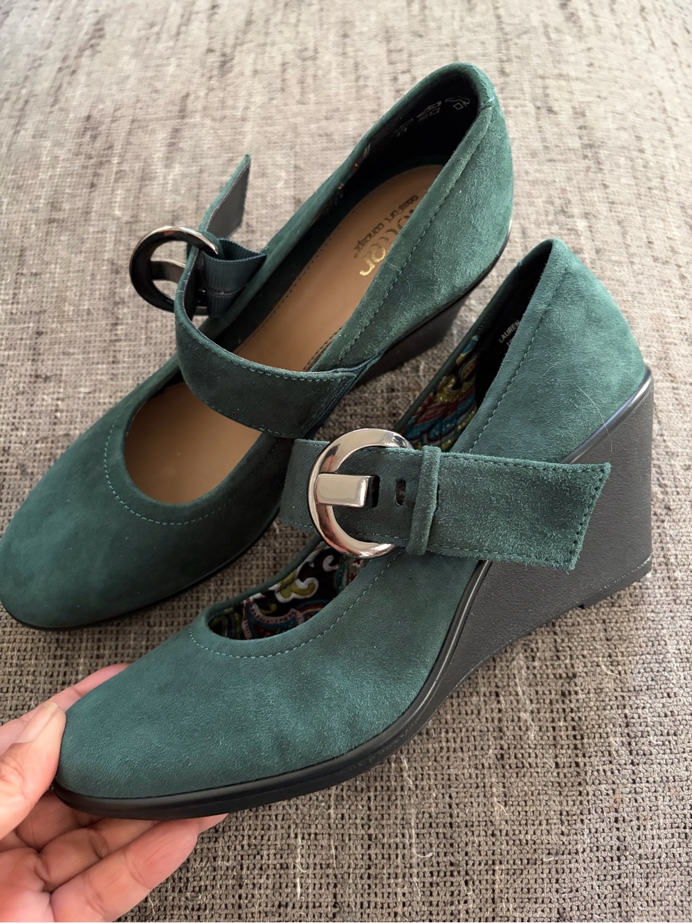 Hotter Women’s Suede Green MaryJane Wedges Sz 7